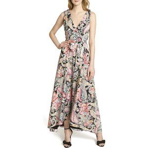 Tahari ASL Women's Sleevles Black Pink Paisley Maxi Dress Size 10